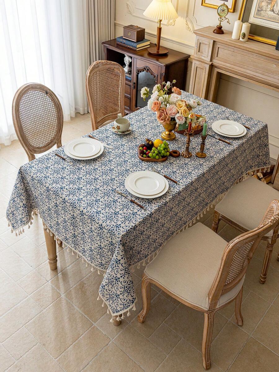 MineLain 1pc Bohemian Vintage Blue And White Porcelain Floral Tassel Tablecloth, Rectangular Tablecloth, Round Table, Coffee Table, Bedside Cabinet, Small Square Table Cover, Washable, Suitable For Home Living Room, Kitchen, Dinner Party, Holiday Party, Garden, Tea Party, Outdoor Picnic Decoration, All Seasons, Autumn Decor