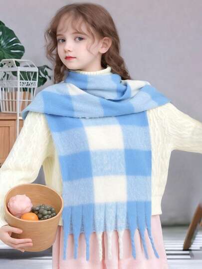 قطعة واحدة وشاح ناعم مزخرف بالكشمير الصناعي ذو ألوان فاتحة وبنقشة مربعات للأطفال، مناسب للاستخدام في الخريف والشتاء للحماية من البرد والرياح، مناسب للأطفال من عمر 9 إلى 16 سنة للاستخدام في الخارج والمدرسة وحفلات الأعياد والتجمعات