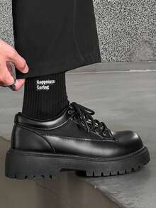 复古圆头厚底男士正装鞋，系带英伦风格男士正装鞋，派对婚礼时尚休闲皮鞋 - 黑色 - 查看 2