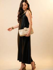Italian Style Boat Neck Sleeveless Fitted Dress For Women - 黑色 - 查看 2