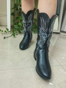 Botas de estilo occidental bordadas vintage para niñas, botas de montar de plataforma retro de media pantorrilla con corte en V, nuevas llegadas de invierno - Negro - Ver 5