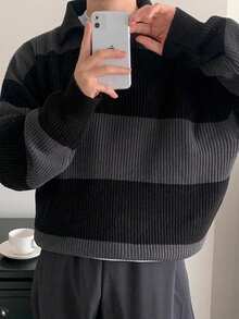 Men's American Street Style Korean Business Casual Commute Versatile Striped Pullover Knit Sweater, Fall/Winter