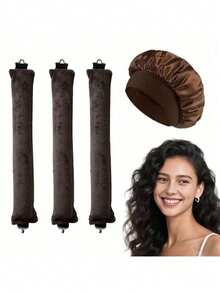4件套卷发器套装：宽边缎面帽 + 3个免加热卷发棒。女士休闲经典纯色弹力柔软睡眠帽，浴帽，仿丝发巾，带弹力带保护头发，宽檐高弹力头带睡眠帽，户外护发帽，透气柔软睡眠帽，无需加热即可整夜卷发，3个钩状弯曲造型棒，轻松打造卷发，卷发器，卷发棒，卷发工具，无热卷发器，卷发梳，美发设备，无热波浪，旅行必备，旅行必备，发型，美发，卷发，卷发棒，卷发器，无热卷发，无热卷发，卷发器，卷发棒，卷发，卷发工具，卷发棒，卷发扩散器，头发，旅行，美发产品，美发工具，美发用品，理发师，理发配件，理发店，美发设备 - 彩色 - 查看 2