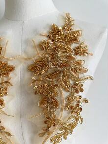 1 Pair Of 3D Floral Lace Applique Embroidery Flowers Sewn Onto Embroidery Patches, Used For DIY (Gold) Body Craftsmanship Of Wedding Bridal Dresses, Formal Attire, And Clothing - Yellow - View 4