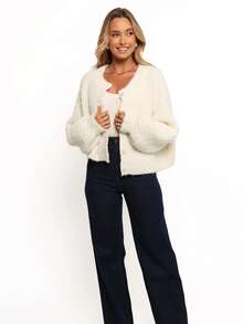 كارديجان أنيق بأكمام طويلة وياقة عالية وأزرار أمامية، بلون أحادي، لأسلوب العطلات