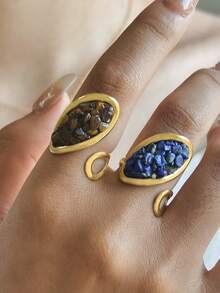 1pc Elegant Oval Textured Natural Stone Jewelry, Geometric Criss-Cross 18K Gold Plated Stainless Steel Adjustable Ring, Suitable For Women, Couples, Daily Wear, Parties, Halloween, Gifts For Friends