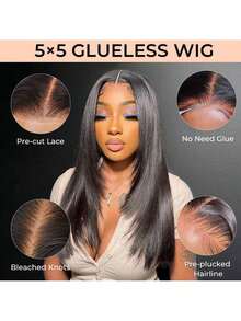 5x5 Glueless Wigs Human Hair Bone Straight HD Transparent Lace Closure Wig No Glue Lace Front Wig Pre-Plucked Pre-Cut 5x5 Glueless Human Hair Wigs Halloween Wigs Dress Up Wig - Natural Black - 查看 2
