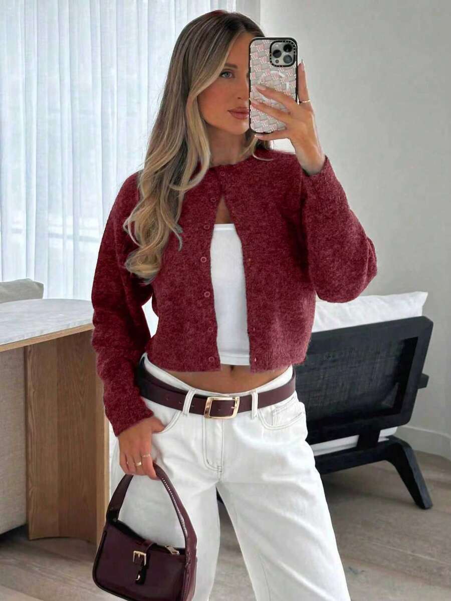 Chaqueta de punto tipo cárdigan de cuello redondo minimalista de un solo botonadura y color liso, nueva colección de otoño - Rosa Fucsia - Ver 1