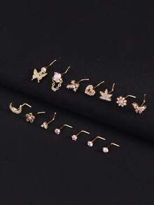 14Pcs Gold Silver Nose Rings Nose Studs For Women Nose Piercings 20G L Shaped Corkscrew Dangle Nose Rings Studs Simulated Diamond Pink CZ Opal Dangling Dangly Hanging Nose Piercing Jewelry With Heart Star Butterfly Flower Cross Moon Charm Cute Dainty Nose Jewelry - L 型,金色和粉紅色 - 查看 5