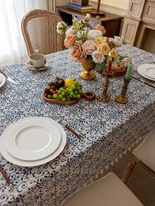 1 件波西米亚复古蓝白瓷花流苏桌布，适用于圆桌、咖啡桌、床头柜罩，可水洗，适用于家庭客厅、厨房、晚宴、节日派对、花园、茶会、户外野餐装饰、四季、秋季装饰 - 彩色 - 查看 12