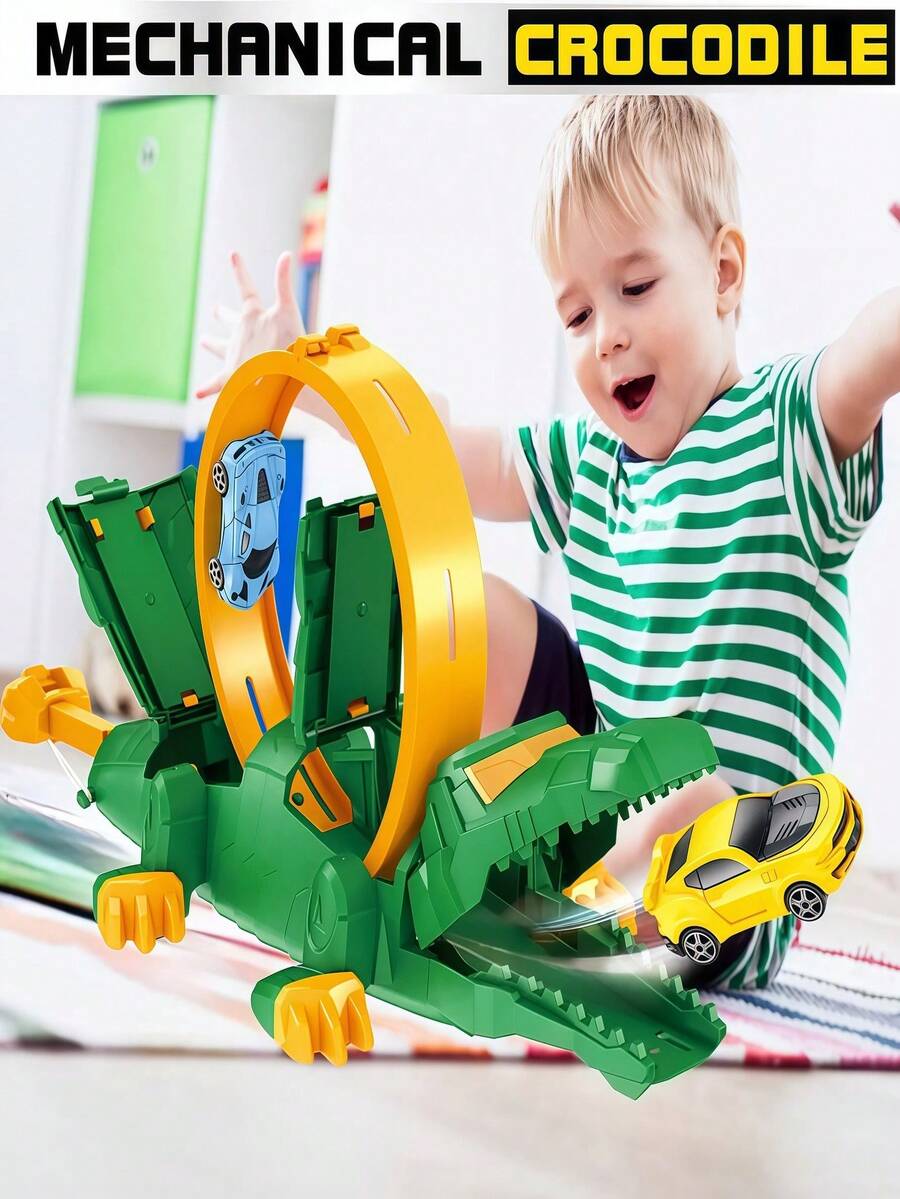 Conjunto de carrinho de brinquedo infantil com pista de crocodilo, pista de lançamento de crocodilo com anel, carrinho de rebote e armadilha para boca de crocodilo, brinquedo STEM adequado para meninos e meninas, Halloween, presente de Natal, ideal para o Natal