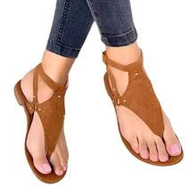 European And American Summer Large Size Casual Flat Toe Strap Beach Shoes Buckle Sandals For Women - Light Brown - View 7
