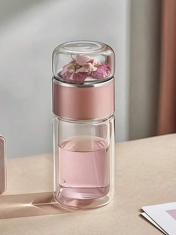 1 كوب زجاجي لصنع الشاي مع فصل الشاي والماء، كوب ماء مزدوج الطبقة مقاوم للحرارة محمول، كوب صنع الشاي وظيفي مع عزل الشاي