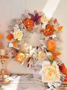 1pc Thanksgiving, Harvest Festival, Halloween, Christmas Decoration Wreath Autumn Pumpkin Maple Leaf Wreath Door Hanging Vine Ring Wreath, Artificial Wreath Party Halloween Christmas Birthday Wedding Ball Atmosphere Decoration, Suitable For Hotels, Shopping Mall Pendant Wreath Stair Decoration, Furnace Wall, Wall Hanging Door Hanging Decoration, Home Decoration, Living Room Decoration, Halloween Decor