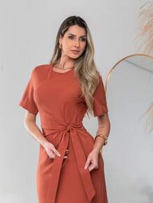 Long Dress With Short Sleeves With Belt Formal And Evening V775 - Burnt Orange - View 7