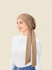 قبعة توربان مسبقة الربط بلون أحادي مع ذيل طويل وشريط ، قبعة كيميائية خفيفة الوزن مرنة للنساء ، مناسبة للأنشطة الخارجية