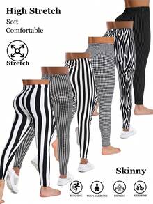 秋冬新款休闲女式高弹紧身裤，黑色线条图案，白色条纹印花，柔软舒适的羊毛裤，适合居家、运动、塑形、拉伸、提臀、不对称图案、户外、旅行、散步、购物、健身房、跑步、运动、工作、街头、音乐节、派对、礼物、长裤 - 彩色 - 查看 2
