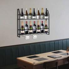 [Platzsparend & Stilvoll]Wandmontiert Weinregal aus Stahl Mit Haken Für Weinflaschen Gläser Bar Café - Schwarz - Übersicht 8