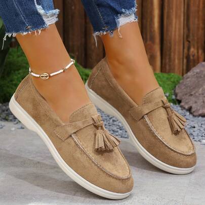 2025新款棕色流苏女士乐福鞋，绒面革一脚蹬休闲鞋，编织装饰平底鞋，尺码36-43