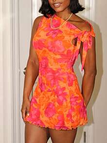 Steph T Women's New Floral Off The Shoulder Sexy Elegant Holiday Mini Dress, Mesh Floral Dress, Asymmetric Neck Dress, Spring/Summer, Beach Outfit, Elegant, Sexy, Holiday, Beach, Hawaii, Date, Party, Music Festival, Graduation Dress, Prom