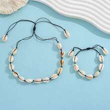 2pcs/Set Shells Natural Hand Knitting Chain Rope Girl Choker Bracelets Beach Holiday Jewelry Gift Adjustable - Beige - View 5