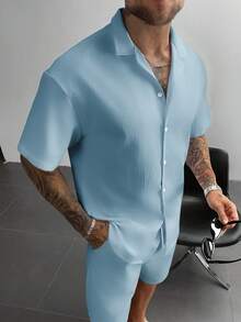 男士夏季两件套，轻盈透气的亚麻衬衫和抽绳短裤套装，复古绅士风格休闲沙滩婚礼派对度假旅行装，父亲节送给丈夫、爸爸、男友的礼物 - 藍色 - 查看 3