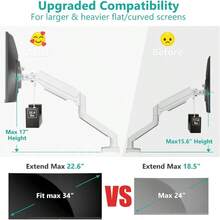 Single Monitor Mount, Gas Spring Monitor Arm 17 - 34 Inch Screens, Adjustable Computer Monitors Stand Up To 26.4lbs, With Clamp And Grommet Base, Mounting Holes 75 And 100mm GSMP001N Black - 34吋+白色 - 查看 6