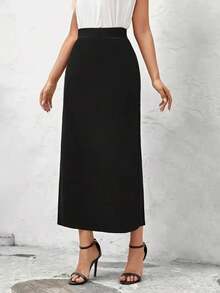 秋冬新款简约百搭高腰直筒开衩裙