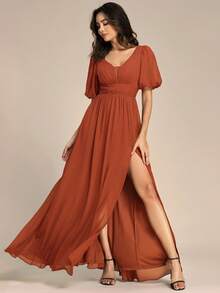 Elegant Deep V-Neck Puff Sleeve Split Chiffon Maxi Dress - Burnt Orange - View 2