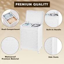 VECELO White Laundry Hamper With Wheels & Lid - 2-Section Rolling Storage Basket, Lockable Casters For Home Closet Organizer, 19x14x19 Inch - Trắng có ngăn - Xem 3