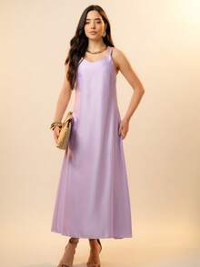 Italian Style Boat Neck Sleeveless Fitted Dress For Women - 淡紫色 - 查看 2