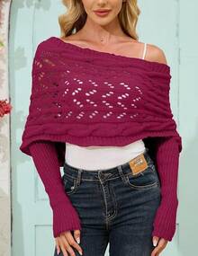 Knitted Wrap, Scarf Women, Hollow Out Crochet Shrugs, 2024 Knit Sweater Scarf With Sleeves - 玫紅色 - 查看 5