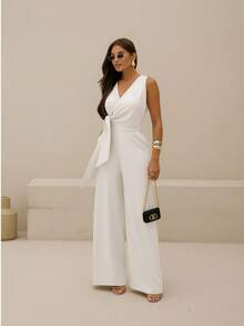 Long V-Neck Wrap Jumpsuit - White - View 3