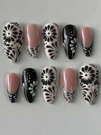 Mejora tu apariencia al instante, 24 piezas de uñas postizas francesas con forma de almendra, serie simple de flores en 3D de color negro, juego de uñas postizas de ajuste perfecto, incluye 1 lima de uñas y 1 pegamento de gel, adecuado para uso diario de mujeres y niñas y todo tipo de fiestas