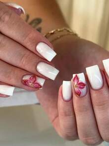 24Pcs Short Square 3D Flower Gel Nail Makes With Small Steel Balls Decorate Design White Acrylic Press On Nails Perfect Fit False Nails Kit, Including: 1pc Jelly Gel And 1pc Nail File. Easy To Wear Summer Nails And White Nails For Woman Girl Daily Work Wear Rave Party Use Nail Supplies - White - View 8