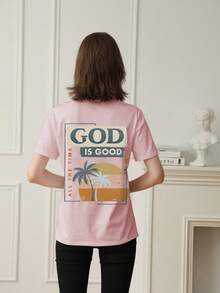 Women's Petite Size GOD Slogan Graphic Round Neck Short Sleeved T-Shirt , Casual Loose And Versatile Holiday Style Oversize Tops, Fashionable Summer Suitable For Daily Holiday Wear