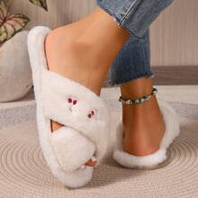 秋冬女士刺绣蝴蝶结家居拖鞋，四季皆宜的毛绒室内拖鞋，平底女士拖鞋，家居地板拖鞋，圣诞节服装，毛绒拖鞋 - 交叉櫻桃白色 - 查看 6