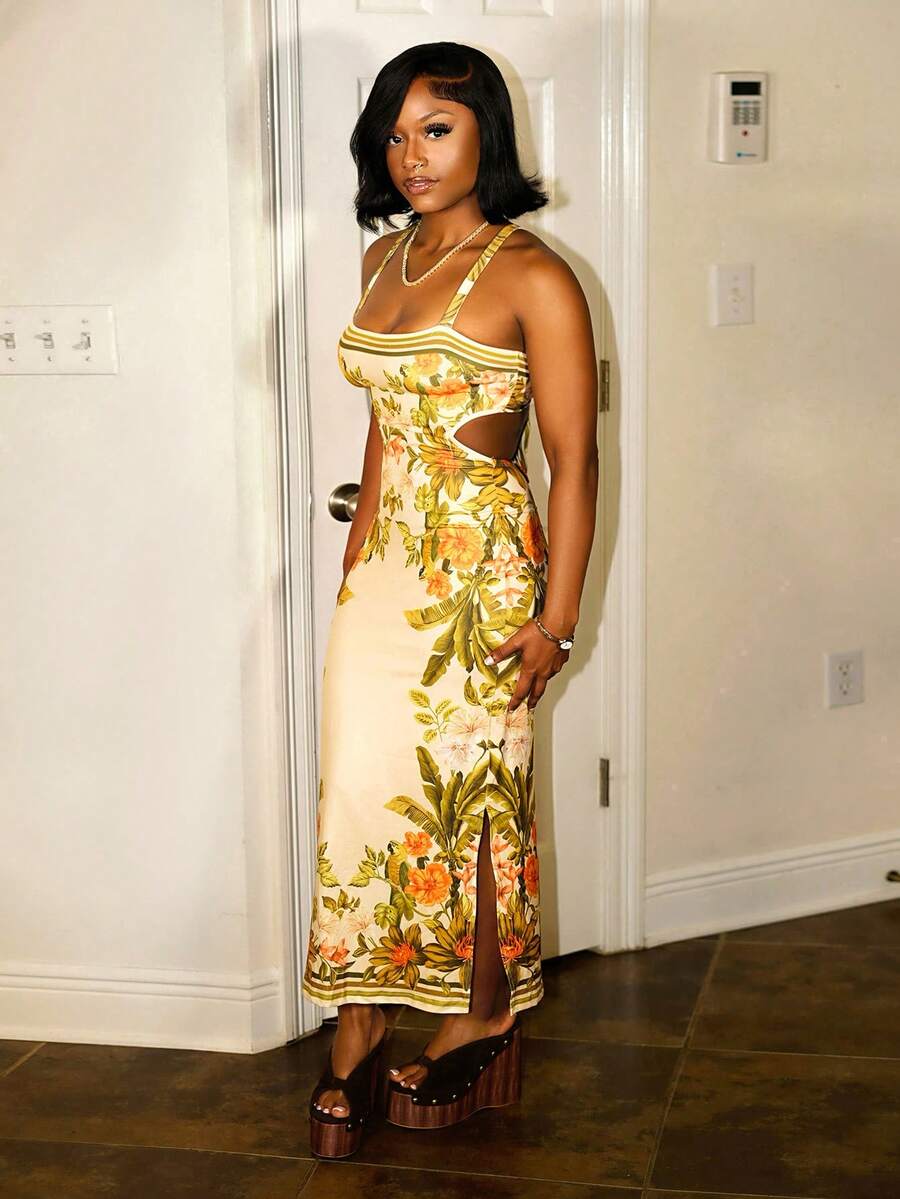 Steph T Abito da donna con stampa floreale e senza schienale, senza maniche, stile vacanza, outfit estivi da donna, abiti estivi da donna