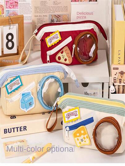 1个可爱食物桶造型铅笔盒，高品质大容量文具收纳包，适用于学校和办公室，撞色铅笔袋配耐用拉链，轻便易携，可放入背包和书桌，是理想的DIY美术用品收纳盒，易于清洁的灵活设计，宽大开口，结实缝线，可收纳铅笔、钢笔、马克笔、画笔、橡皮、尺子等文具，是学生、旅行和宿舍使用的完美礼物。