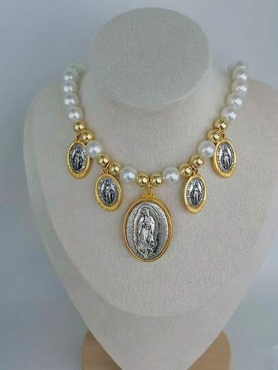 1pc Versatile Religious Jesus Beaded Pearl Necklace, Suitable For Daily Wear