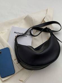 Versatile Fashion Casual Niche Design Minimalist Solid Color Zipper Shoulder Sling Saddle Bag, Large Capacity, Commuter Baguette Bag , Small Bags - Black - View 8