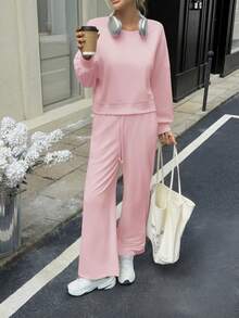 Fisoew Womens 2 Piece Outfits Casual Batwing Long Sleeve Sweatshirt Wide Leg Pants Loose Lounge Sets Fall Tracksuit - Pink - View 2