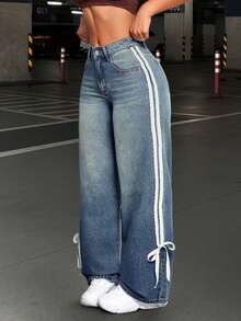 Autumn Women's Clothing, American Style Side Striped Jeans, Women's Design Sense, Washed Casual Pants, Fashionable Loose Wide Leg Mid Waist Jeans