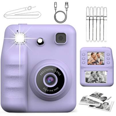 儿童即时照片打印相机，儿童玩具相机，1080p 高清双摄像头闪光灯，音乐，游戏，自拍模式，延迟打印（10 秒/5 秒/3 秒），适合男孩和女孩的圣诞节和生日礼物