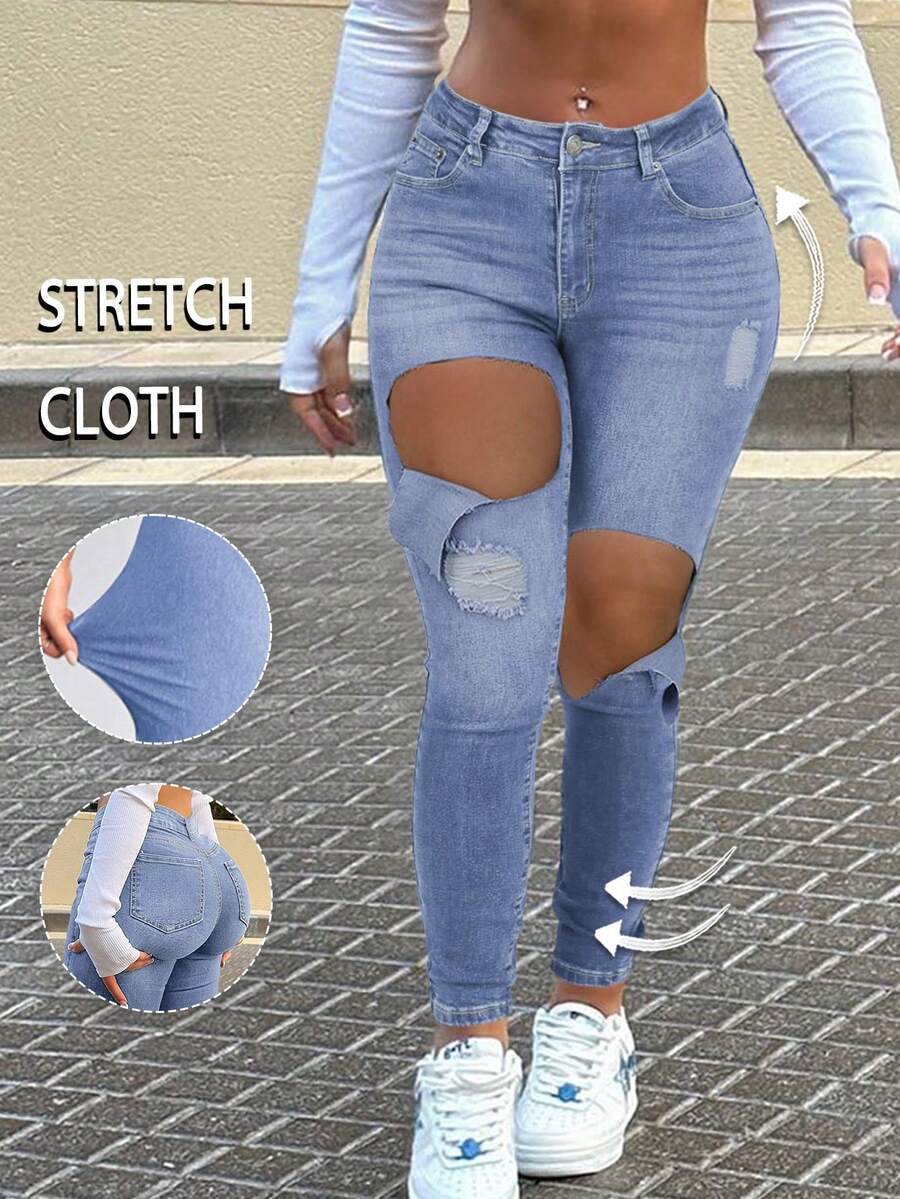 Y2K 女款浅蓝色破洞高腰紧身牛仔裤，优雅时尚街头休闲风 - 淺色水洗藍 - 查看 1