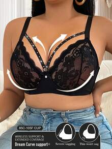 Plus Size Women's Lace Sexy Bras With Butterfly Rhinestone Strap Design, Comfortable Underwire Lift And Support Bras, Rave - Black - View 5