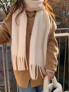 1pc Solid Color Scarf, Winter Warm Neck, Thickened Wool Knitted Thick Fringed Shawl, Can Be Worn