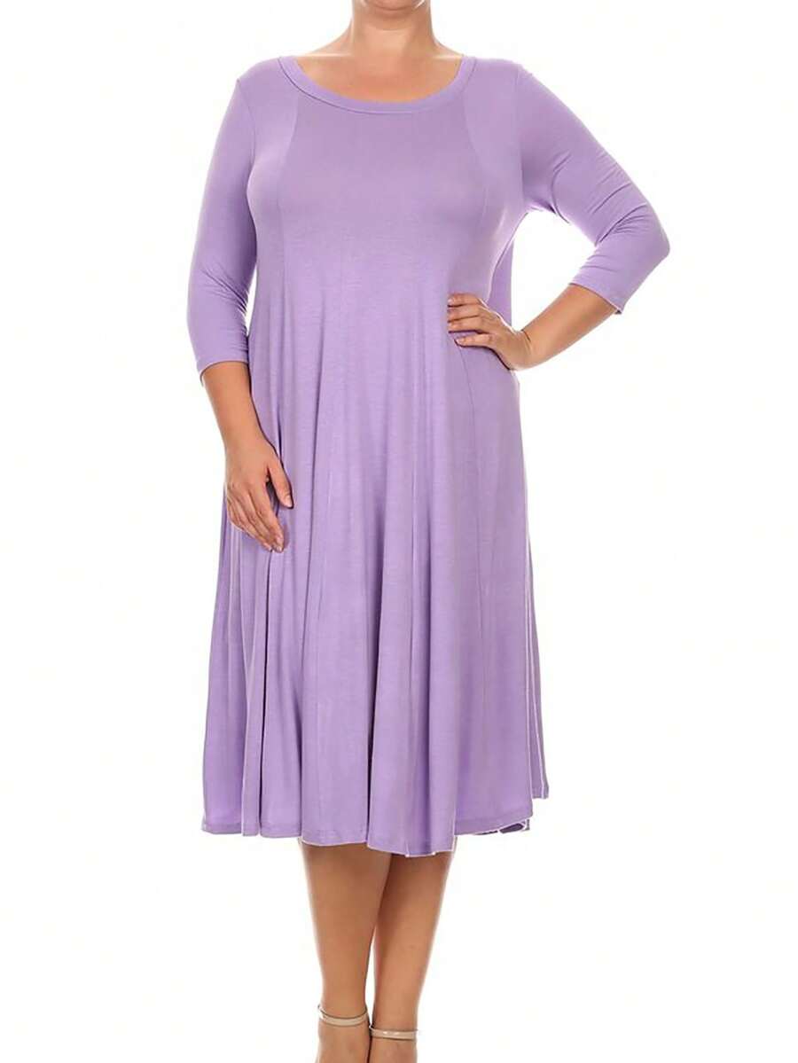 Plus Size Casual 3/4 Sleeves Basic A-Line Pleated Solid Midi Dress  Wedding - Lavender - View 1