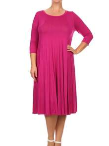 Plus Size Casual 3/4 Sleeves Basic A-Line Pleated Solid Midi Dress  Wedding - Magenta - View 1