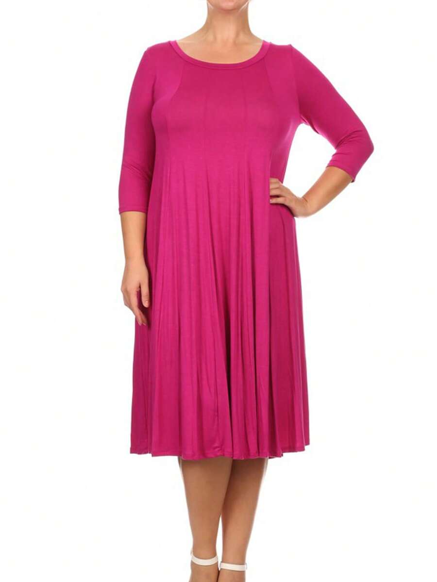 Plus Size Casual 3/4 Sleeves Basic A-Line Pleated Solid Midi Dress  Wedding - Magenta - View 1